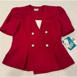 Good Times Blazer Top Womens 12 Red NEW Vintage Peplum Pearl Button‎ Office Chic